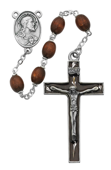 Rosary Beads, Wood & Metal Crucifix, Brown, Sacred Heart of Jesus  Centerpiece