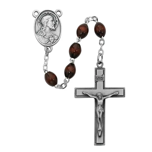 Sacred Heart Rosary with Dark Wood Beads and Pewter Crucifix