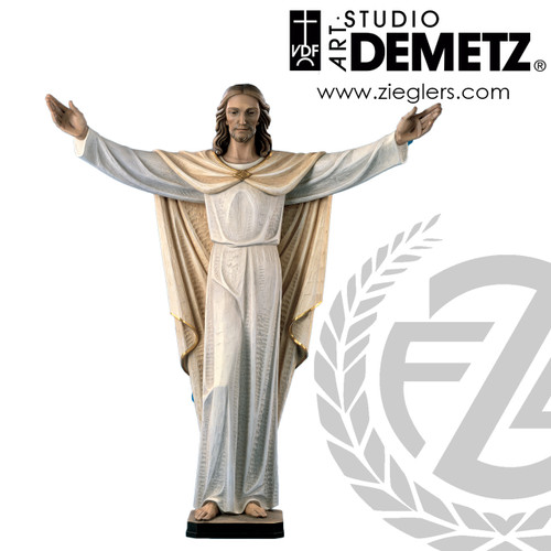 Risen Lord in fiberglass or carved from Linden Wood on base in choice of 36 60 72 or 84 inch height and choice of natural stain color bronze or white marble finishes Crafted In Italy DM28029X