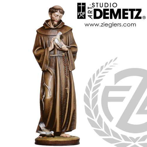 Saint Francis of Assisi holding dove Statue made of linden wood or fiberglass available in 48 or 60 inch heights with choice of natural bronze stain color or white marble finish crafted in italy DM3902 Saint Francis of Assisi holding dove Statue made of linden wood or fiberglass available in 48 or 60 inch heights with choice of natural bronze stain color or white marble finish crafted in italy DM3902