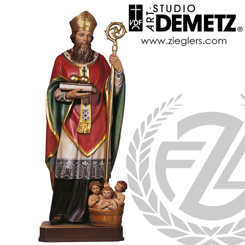 Saint Nicholas of Bari statue in choice of 33 or 53 inches and fiberglass or hand carved Linden Wood in natural stain bronze color or white marble finish crafted in Italy DM562