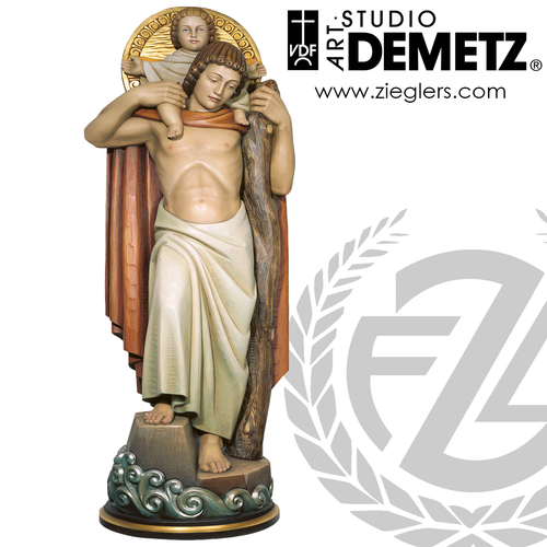 Saint Christopher with Christ Child Statue hand-carved Linden Wood or fiberglass in choice of natural stain color bronze or white marble finish in 44 or 72 inches Crafted In Italy DM597 Saint Christopher with Christ Child Statue hand-carved Linden Wood or fiberglass in choice of natural stain color bronze or white marble finish in 44 or 72 inches Crafted In Italy DM597