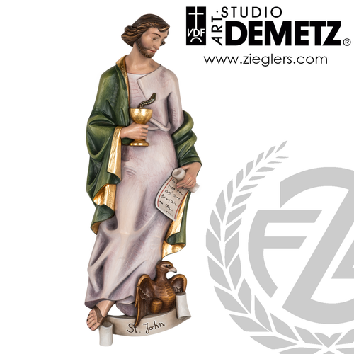 Saint John the Evangelist made of hand carved linden wood in choice of natural stain bronze white marble or color finish and choice of 24 or 36 inches crafted in Italy DM60033 Saint John the Evangelist made of hand carved linden wood in choice of natural stain bronze white marble or color finish and choice of 24 or 36 inches crafted in Italy DM60033