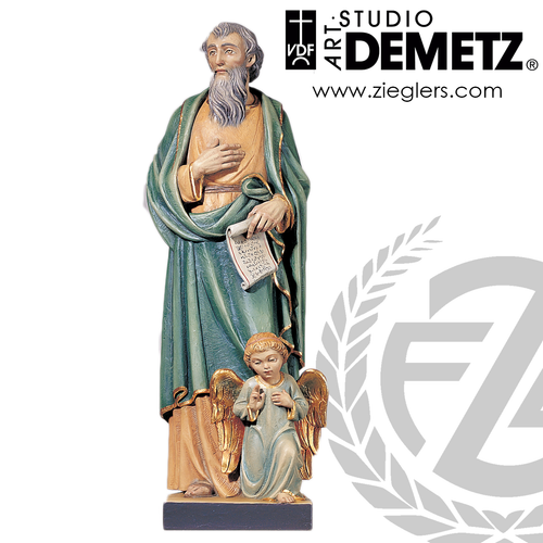 Saint Matthew the Apostle statue in fiberglass or hand-carved linden wood with choice of 36 or 60 inch heights and natural stain color bronze or white marble finish Crafted In Italy DM60051A