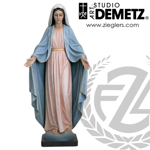Welcoming Virgin Statue in fiberglass or hand-carved linden wood in choice of 36 48 60 or 72 inches high with choice of natural stain color bronze or white marble finish crafted In Italy DM64015 Welcoming Virgin Statue in fiberglass or hand-carved linden wood in choice of 36 48 60 or 72 inches high with choice of natural stain color bronze or white marble finish crafted In Italy DM64015