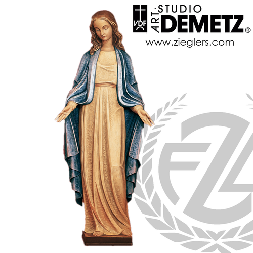 Our Lady of Grace Statue in fiberglass or hand-carved linden wood with choice of 36 42 48 60 or 72 heights with choice of natural stain color bronze or marble finish crafted In Italy DM64059 Our Lady of Grace Statue in fiberglass or hand-carved linden wood with choice of 36 42 48 60 or 72 heights with choice of natural stain color bronze or marble finish crafted In Italy DM64059