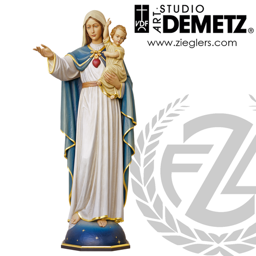 Our Lady With Child Statue in hand-carved linden  wood stands 60 inches with choice of natural stain or color finish crafted In Italy DM657 Our Lady With Child Statue in hand-carved linden  wood stands 60 inches with choice of natural stain or color finish crafted In Italy DM657