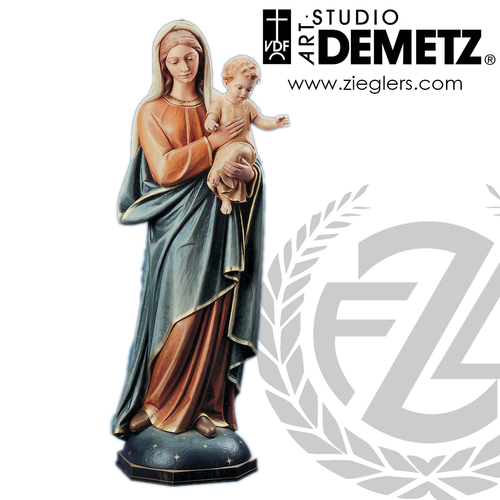 Our Lady With Infant Jesus Statue in fiberglass or hand carved from linden wood with choice of 30 36 48 60 or 66 inch height and choice of natural stain or color finish Crafted In Italy DM70073