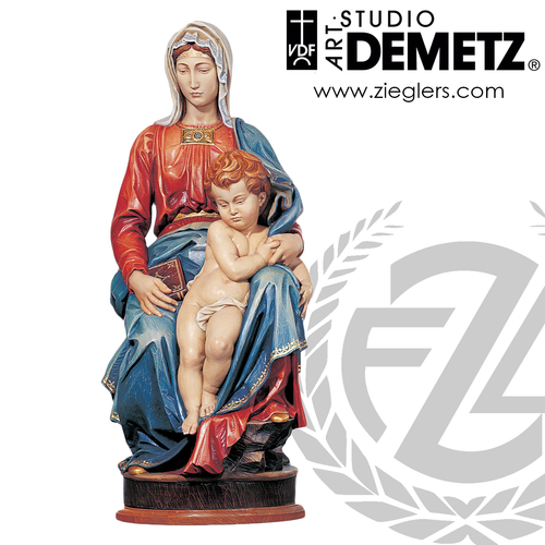 Our Lady With Child Jesus Statue made of fiberglass or hand carved linden wood in choice of 36 or 48 inch heights and choice of natural stain color bronze or white marble finish crafted in Italy DM700124 Our Lady With Child Jesus Statue made of fiberglass or hand carved linden wood in choice of 36 or 48 inch heights and choice of natural stain color bronze or white marble finish crafted in Italy DM700124