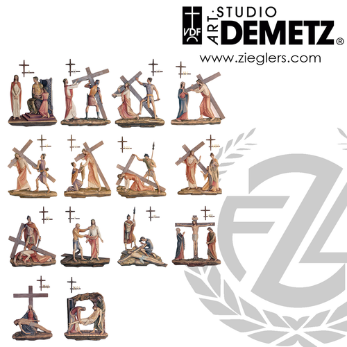 Stations of the Cross Relief Set 14 stations available in 3 Sizes hand carved from Linden Wood with choice of color stain or natural finish crafted In Italy DM1340 Stations of the Cross Relief Set 14 stations available in 3 Sizes hand carved from Linden Wood with choice of color stain or natural finish crafted In Italy DM1340