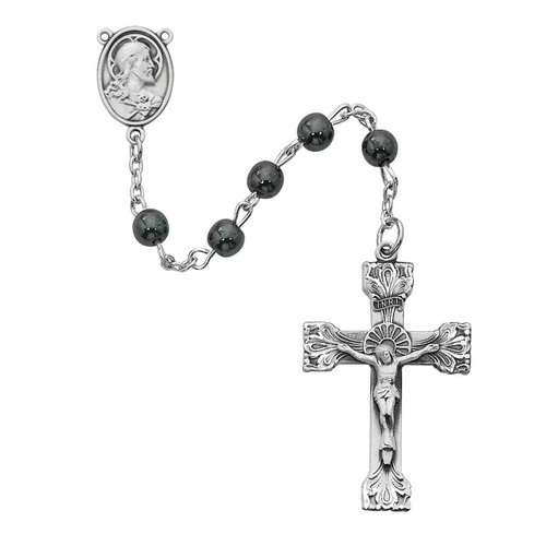 Sterling Silver Sacred Heart Hematite Rosary Detail 