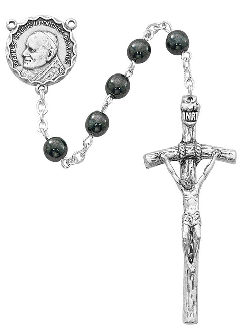 Saint John Paul II Hematite Rosary with Papal Crucifix