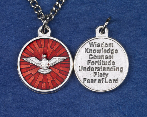 Holy Spirit Round Pendant  with dove and gifts of the holy spirit has Red Enamel accent comes on 18 inch Chain 171345445
