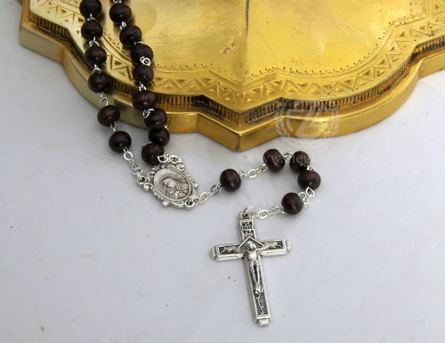 Rosary Dark Brown Wood Silver Ox Crucifix and Center From Italy 