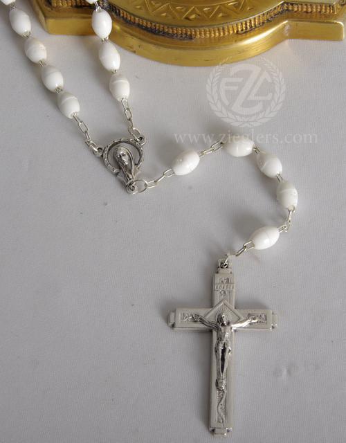Rosary with White Plastic Beads & Silver Ox Crucifix and Center From Italy