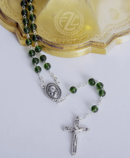 Rosary with Emerald Green Glass Beads & Silver Ox Crucifix and Center 