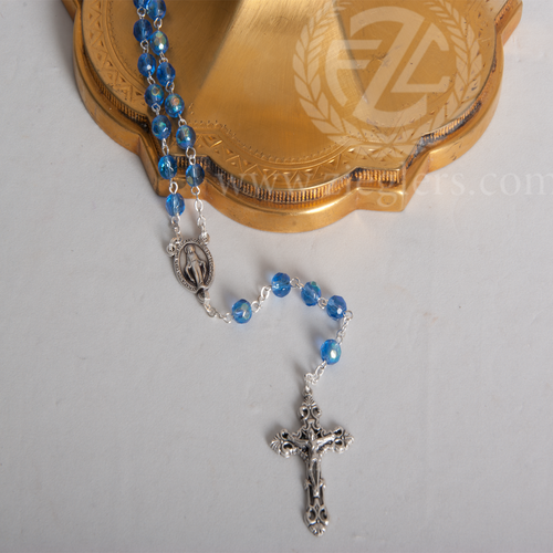 Blue Rosary Glass Beads Silver Ox Crucifix and Center From Italy 
