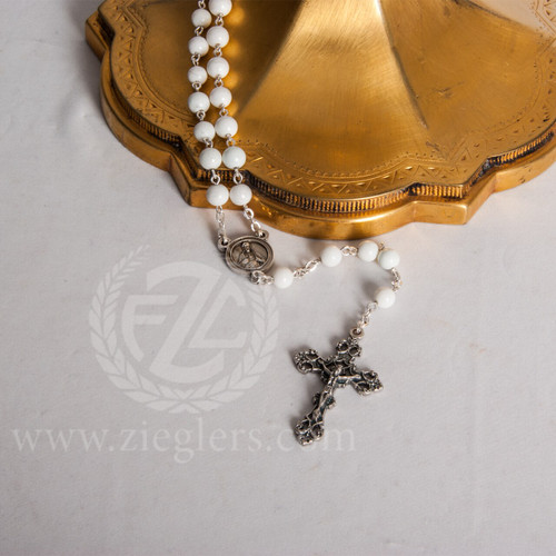 Rosary Beads | Sacred Heart Centerpiece | White Stone Beads | Italy | PDWH Rosary Beads | Sacred Heart Centerpiece | White Stone Beads | Italy | PDWH