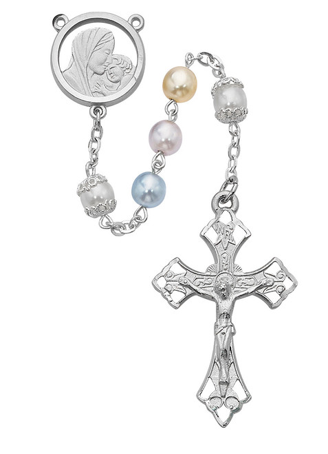 multicolored faux pearl glass rosary beads with pewter crucifix and madonna centerpiece has rhodium plate finish MA590RF