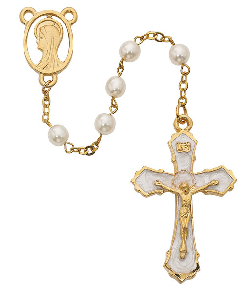 Faux Pearl Rosary with Gold-Plated crucifix and centerpiece 