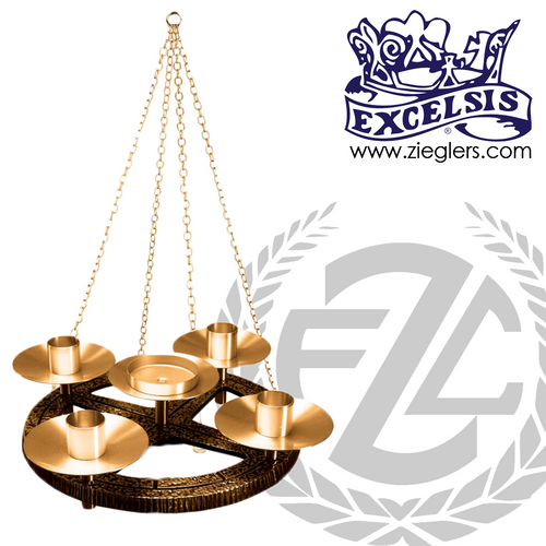 hanging Advent Wreath measures 16 inches in diameter in Brass or Bronze Holds 4 or 5 Candles made by progressive bronze in U S A PB1103176H hanging Advent Wreath measures 16 inches in diameter in Brass or Bronze Holds 4 or 5 Candles made by progressive bronze in U S A PB1103176H
