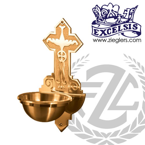 Holy water font brass or bronze with satin or high polish finish backplate measures 7 and 1 half by 15 inches with 6 and 5 eighths inch bowl made in u s a by progressive Bronze PB23183C PB23283C PB49983C Holy water font brass or bronze with satin or high polish finish backplate measures 7 and 1 half by 15 inches with 6 and 5 eighths inch bowl made in u s a by progressive Bronze PB23183C PB23283C PB49983C