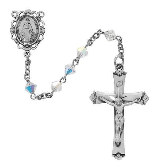 5 millimeter swarovski crystal rosary beads with rhodium plated crucifix and miraculous medal centerpiece MAR01DF
