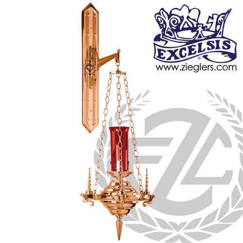 Hanging wall sanctuary lamp in bronze with satin or high polish finish includes backplate arm lamp and chains PB49948H