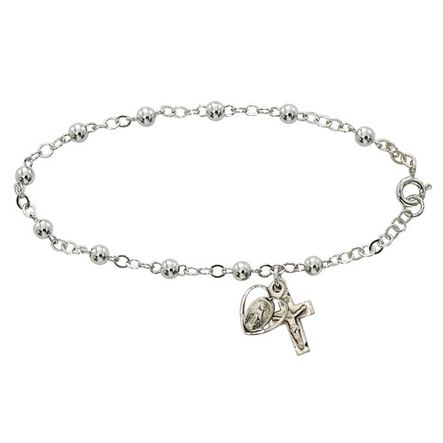 Rosary bracelet made of sterling with crucifix and miraculous medal on bead and link chain measuring 7 and 1 half inches MA913L Rosary bracelet made of sterling with crucifix and miraculous medal on bead and link chain measuring 7 and 1 half inches MA913L