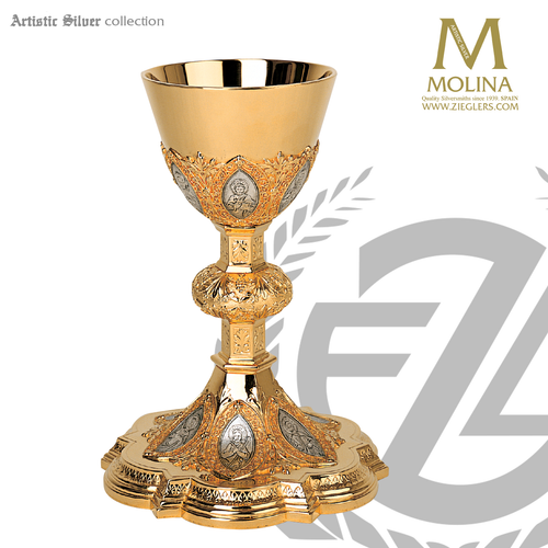 12 apostles chalice and paten 8 and 1 half  inches by 4 and 3 eighths inches holds 12 ounces with choice of 3 compositions made in spain by artistic silver AS2132CP 12 apostles chalice and paten 8 and 1 half  inches by 4 and 3 eighths inches holds 12 ounces with choice of 3 compositions made in spain by artistic silver AS2132CP