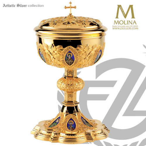 covered ciborium with 12 apostles on enamel medallions stands 10 and 1 eight inches holds 200 hosts AS2132CBL covered ciborium with 12 apostles on enamel medallions stands 10 and 1 eight inches holds 200 hosts AS2132CBL