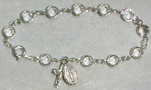 one decade rosary with rhodium plated crucifix and miraculous medal and clear austrian glass beads MABR195