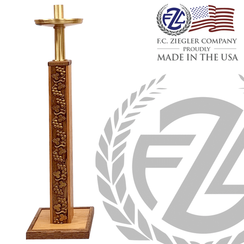 Pashal candlestick made of brass  and wood with grape and leaf pattern stands 44 inches 1 and 1 sixteenth inch socket standard made in U S A by F C Ziegler ZZ4702-4 Pashal candlestick made of brass  and wood with grape and leaf pattern stands 44 inches 1 and 1 sixteenth inch socket standard made in U S A by F C Ziegler ZZ4702-4