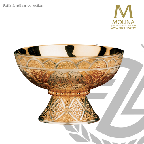 Tassilo open ciborium 3 and 1 half inches by 5 and 1 half inches accommodates  200 hosts with choice of 3 compositions made in spain by artistic silver AS2914