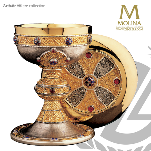 ardagh chalice and paten 7 and 3 quarter inches by xx celtic design with aubochons and garnets in choice of 2 compositions made in spain by artistic silver AS2728 ardagh chalice and paten 7 and 3 quarter inches by xx celtic design with aubochons and garnets in choice of 2 compositions made in spain by artistic silver AS2728