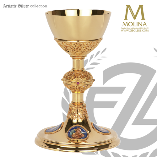 evangelists symbols chalice and paten 8 and 7 eighths inches with filigree, reconstituted rubies  and enamel  in choice of 2 compositions made in spain by artistic silver AS2435 evangelists symbols chalice and paten 8 and 7 eighths inches with filigree, reconstituted rubies  and enamel  in choice of 2 compositions made in spain by artistic silver AS2435