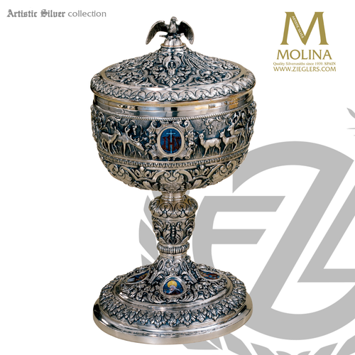 evangelists covered ciborium 13 and 1 half inches high with 750 host capacity highly detailed scrollwork and ornamentation silver plate with 24 k gold lining in bowl spain by artistic silver AS193cwrspgl evangelists covered ciborium 13 and 1 half inches high with 750 host capacity highly detailed scrollwork and ornamentation silver plate with 24 k gold lining in bowl spain by artistic silver AS193cwrspgl