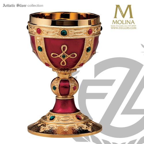 16 ounce medieval style chalice with red enamel and cabochons stands 8 and 3 quarters inches high in choice of 2 compositions comes with paten made in spain by artistic silver AS2372 16 ounce medieval style chalice with red enamel and cabochons stands 8 and 3 quarters inches high in choice of 2 compositions comes with paten made in spain by artistic silver AS2372