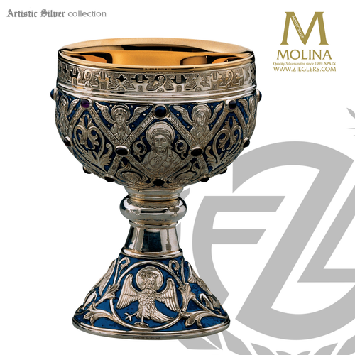 20 ounce Germanic chalice stands 7 and 1 eighth inches high with 4 evangelists and their symbols in choice of 3 compositions and 2 finishes includes a paten made in spain by artistic silver AS2945 20 ounce Germanic chalice stands 7 and 1 eighth inches high with 4 evangelists and their symbols in choice of 3 compositions and 2 finishes includes a paten made in spain by artistic silver AS2945