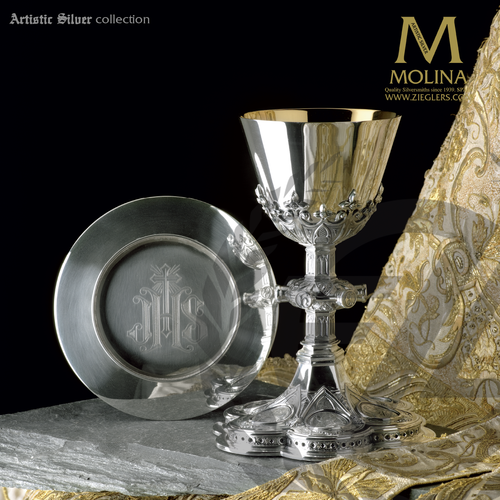 Saints Chalice & Paten 8-3/8" x 4-1/4" Gothic Style With Medallions 15 Oz 2410 Spain  Saints Chalice & Paten 8-3/8" x 4-1/4" Gothic Style With Medallions 15 Oz 2410 Spain