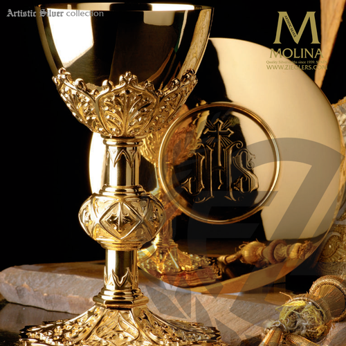 11 ounce Gothic Style chalice 8 inches high with ornate design and multi level base in choice of 2 compositions includes a paten made in spain by artistic silver AS2995