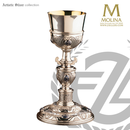 10 ounce plateresque chalice stands 9 and 1 quarter inches high with spanish style design in choice of 2 compositions includes a paten made in spain by artistic silver AS2920 10 ounce plateresque chalice stands 9 and 1 quarter inches high with spanish style design in choice of 2 compositions includes a paten made in spain by artistic silver AS2920