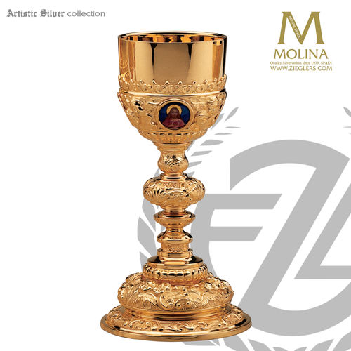 10 ounce Baroque chalice stands 9 and 1 quarter inches high with 3 medallions made of sterling with gold plate finish includes a paten made in spain by artistic silver as2502cpss 10 ounce Baroque chalice stands 9 and 1 quarter inches high with 3 medallions made of sterling with gold plate finish includes a paten made in spain by artistic silver as2502cpss
