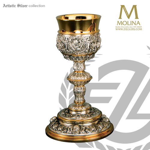 11 ounce Name chalice stands 9 and 1 quarter inches high with rich baroque ornamentation in choice of 2 compositions includes a paten made in spain by artistic silver AS199 11 ounce Name chalice stands 9 and 1 quarter inches high with rich baroque ornamentation in choice of 2 compositions includes a paten made in spain by artistic silver AS199