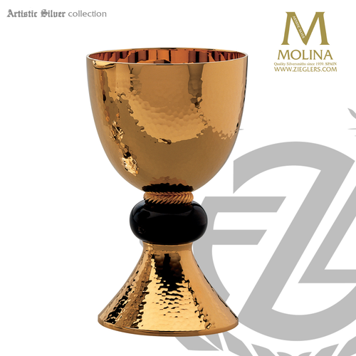 22 ounce Hammered chalice stands 7 and 1 half  inches high with onyx node in choice of 2 compositions includes a paten made in spain by artistic silver AS2925 22 ounce Hammered chalice stands 7 and 1 half  inches high with onyx node in choice of 2 compositions includes a paten made in spain by artistic silver AS2925