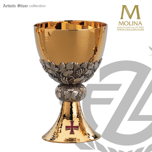 Grape & Leaf Chalice & Paten | 7-1/4" x 4-3/4" | Red Enameled Cross | 22 Oz | 2922 | Spain Grape & Leaf Chalice & Paten | 7-1/4" x 4-3/4" | Red Enameled Cross | 22 Oz | 2922 | Spain