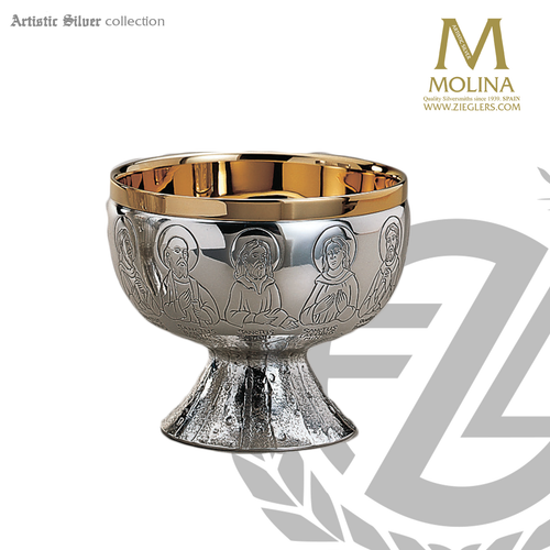 apostles open ciborium with names stands 4 and 1 quarter inches high  holds up to  300 hosts with choice of 2 compositions made in spain by artistic silver as2948 apostles open ciborium with names stands 4 and 1 quarter inches high  holds up to  300 hosts with choice of 2 compositions made in spain by artistic silver as2948