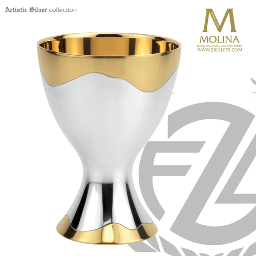 contemporary chalice measures  6 inches and holds 15 ounces with two tone 24 karat gold and silver plate finish made in spain by artistic silver AS2710 contemporary chalice measures  6 inches and holds 15 ounces with two tone 24 karat gold and silver plate finish made in spain by artistic silver AS2710