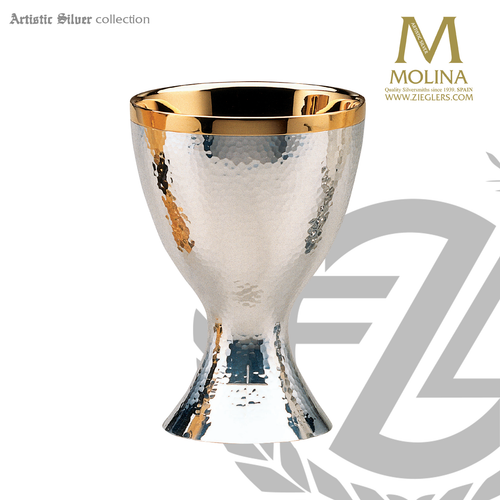 15 ounce hammered chalice stands 6 and 1 half inches high with silver plate finish and gold lined cup includes a paten made in spain by artistic silver AS2940CPSPGL 15 ounce hammered chalice stands 6 and 1 half inches high with silver plate finish and gold lined cup includes a paten made in spain by artistic silver AS2940CPSPGL