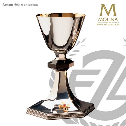 13 ounce sterling chalice measures  8 and 3 eighths inches inches high with obsidian node and cross on base made in spain by artistic silver AS1017CSS 13 ounce sterling chalice measures  8 and 3 eighths inches inches high with obsidian node and cross on base made in spain by artistic silver AS1017CSS